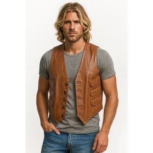 Vintage OUI International Genuine Leather Caramel Brown Pocket Vest Men’s Sz XL